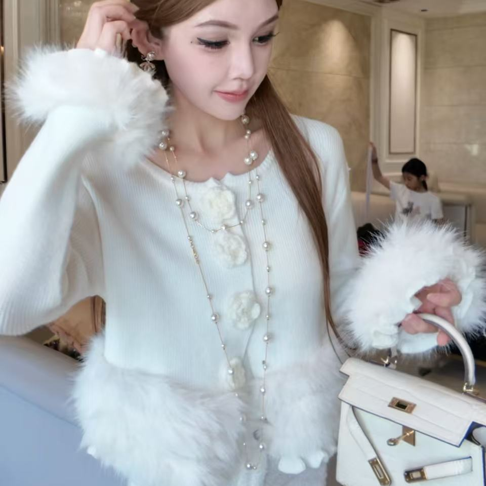 8801# 立体玫瑰 小香风拼毛毛衣