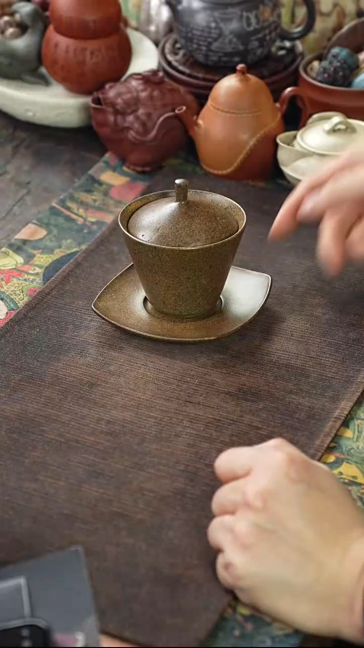 青段柴烧光素三才盖碗