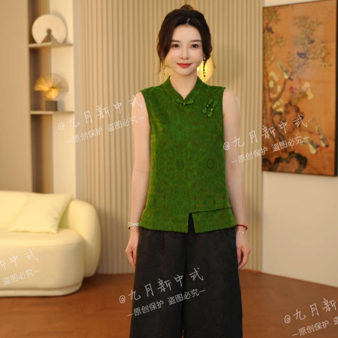 【星野】2025早秋新款油丝60姆米绿色新中式上衣C2771