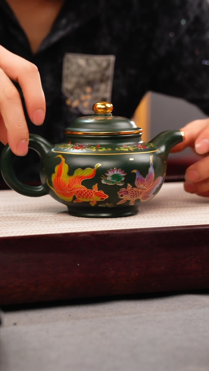 茶杯紫砂绿泥 掇只 锦鲤珐琅彩