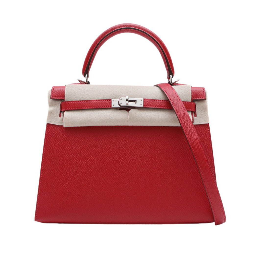 99新 Hermes/爱马仕 小花姑姑Kelly 25 Q5国旗红 Ep皮 X刻 银扣包