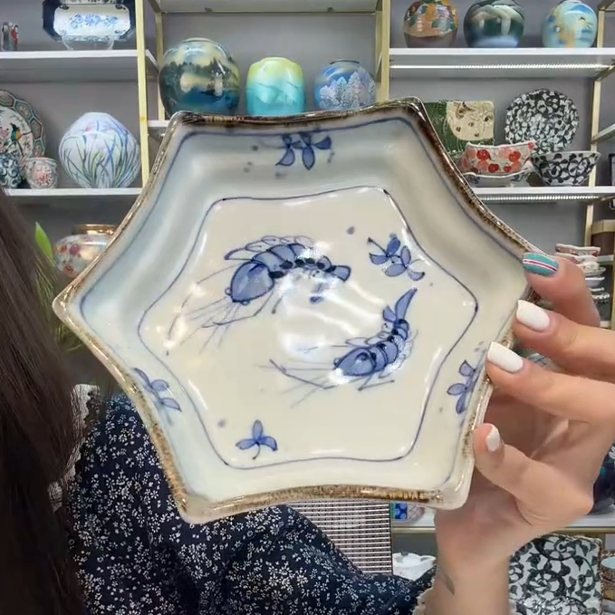 新品五【单支】日本进口有田烧吹墨虾六角盘19cm