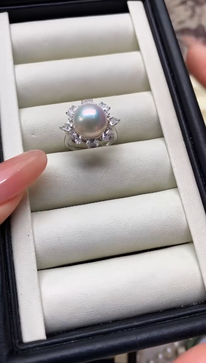 银S925镶嵌戒指淡水珍珠11-12mm