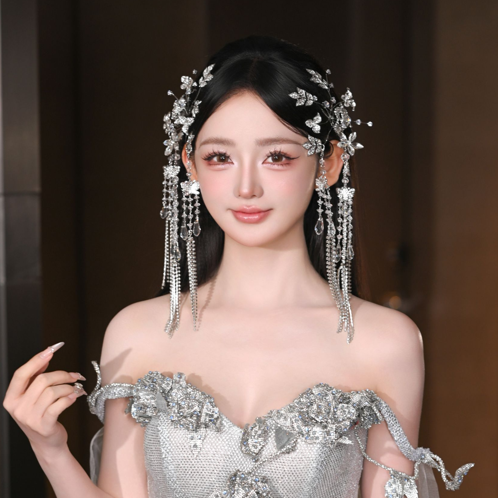 合金仿水晶婚庆饰品 01092新娘头饰边夹套装大气百搭结婚流苏头饰
