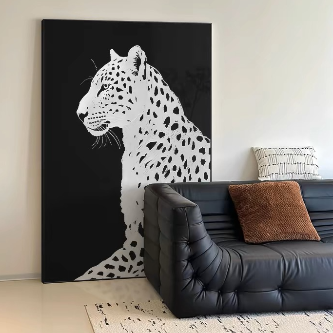 【黑白雪豹】现代简约客厅时尚豹子黑白肌理挂画高档大气沙发背景墙