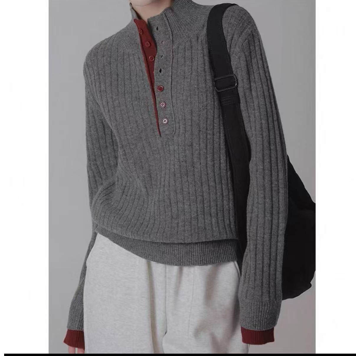 100羊毛假两件撞色半高领毛衣针织衫女冬季设计感长袖打底衫上衣