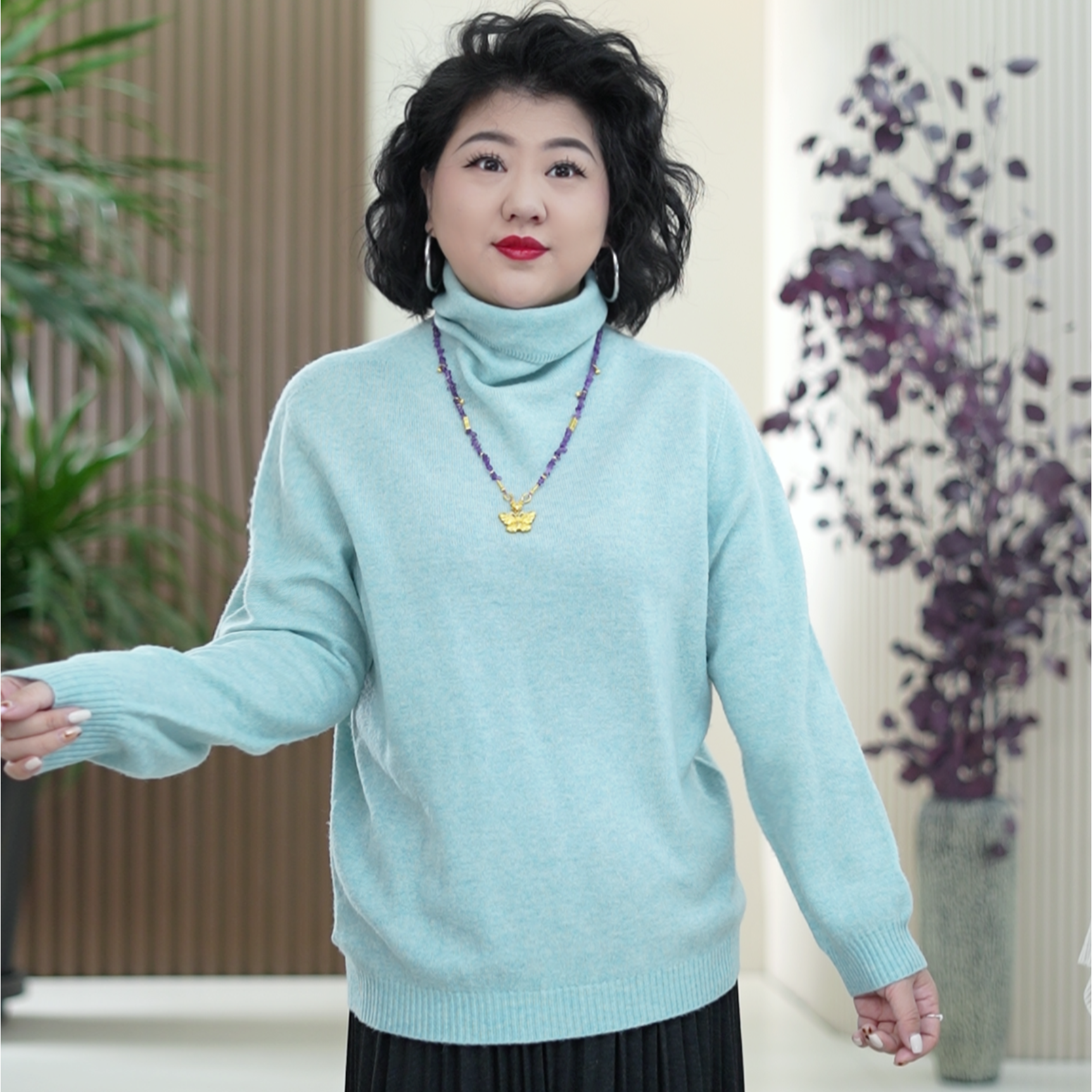 100%全羊毛堆堆领针织衫大码百搭保暖软糯亲肤冬季打底衫上衣女潮