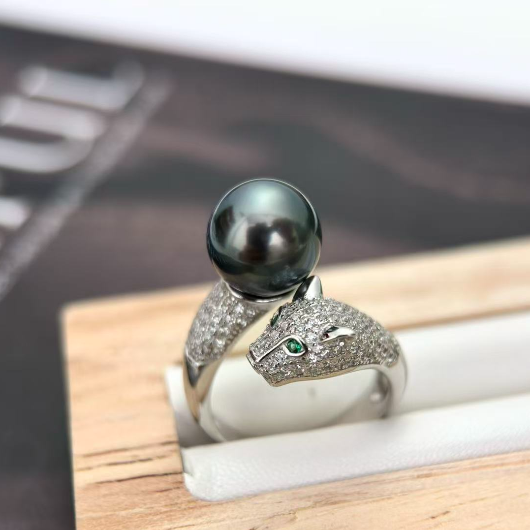 天然海水珍珠大溪地黑珍珠正圆10-11mm豹子款 戒指LY
