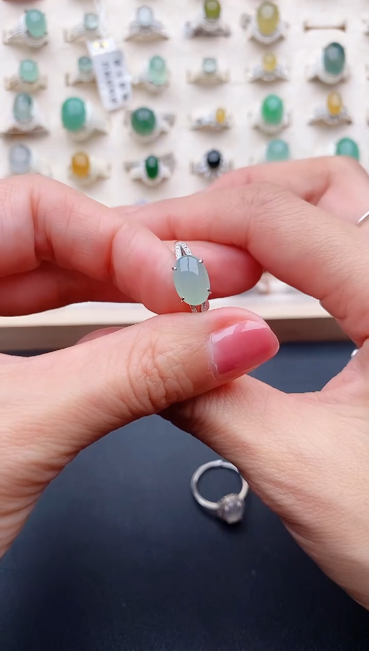 【闪购商品】翡翠戒指银S925镶嵌缅甸天然翡翠222   8-3