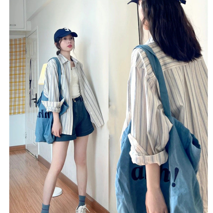 设计感上衣外套小个子春季时尚休闲条纹宽松百搭衬衫轻职风少女聚