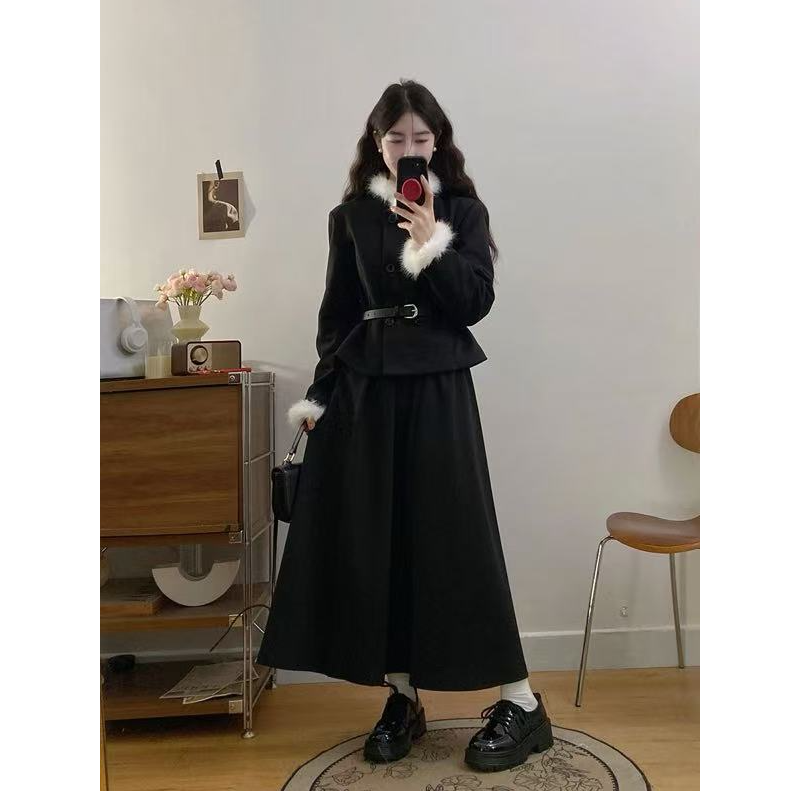 2025年秋冬大码女装小香风千金感毛呢外套高腰显瘦半身裙套装2042