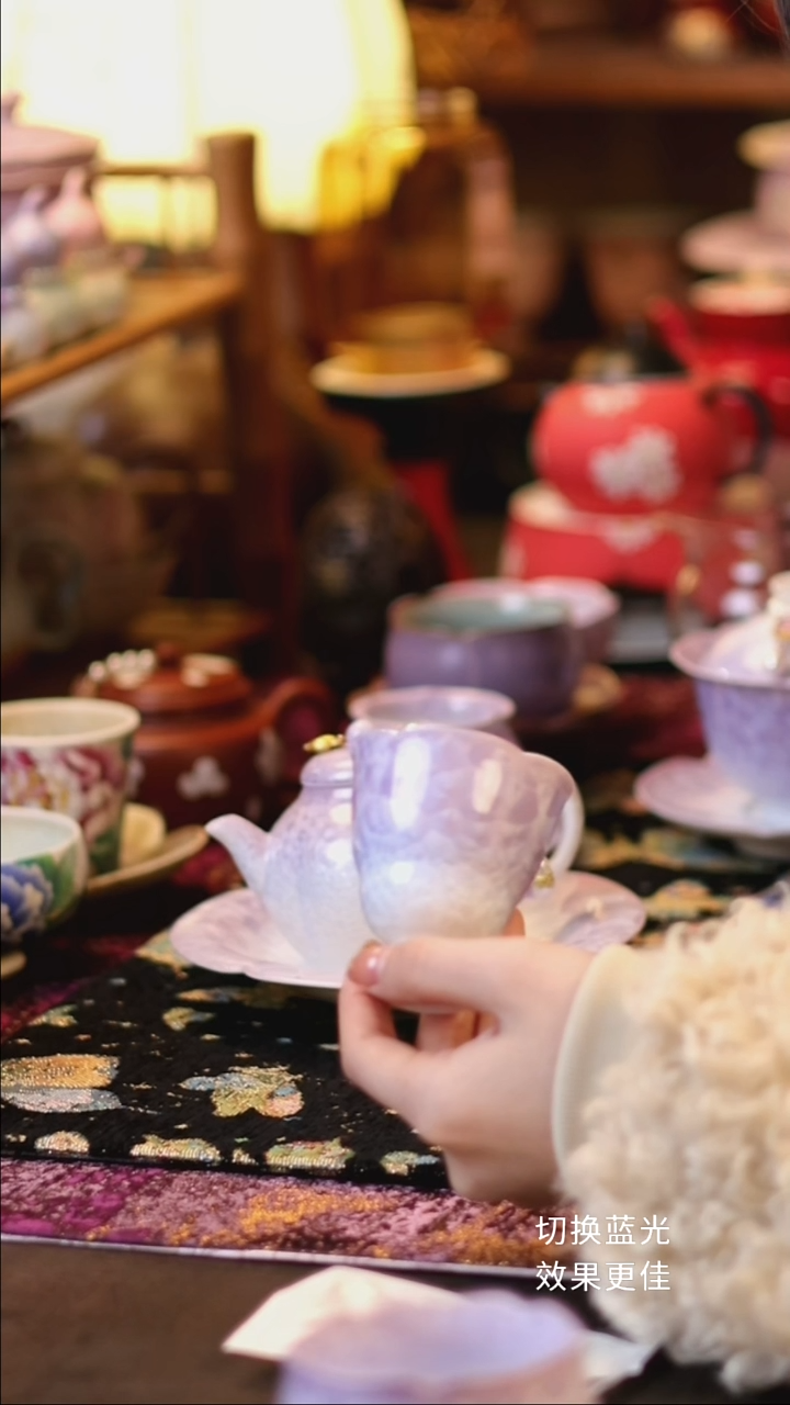 景德镇结晶釉紫白葫芦高足杯