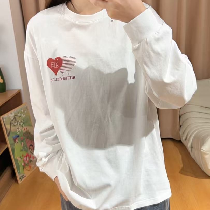 85932余小鱼【爱心T】白色前后印花圆领时尚韩版套头长袖休闲女装