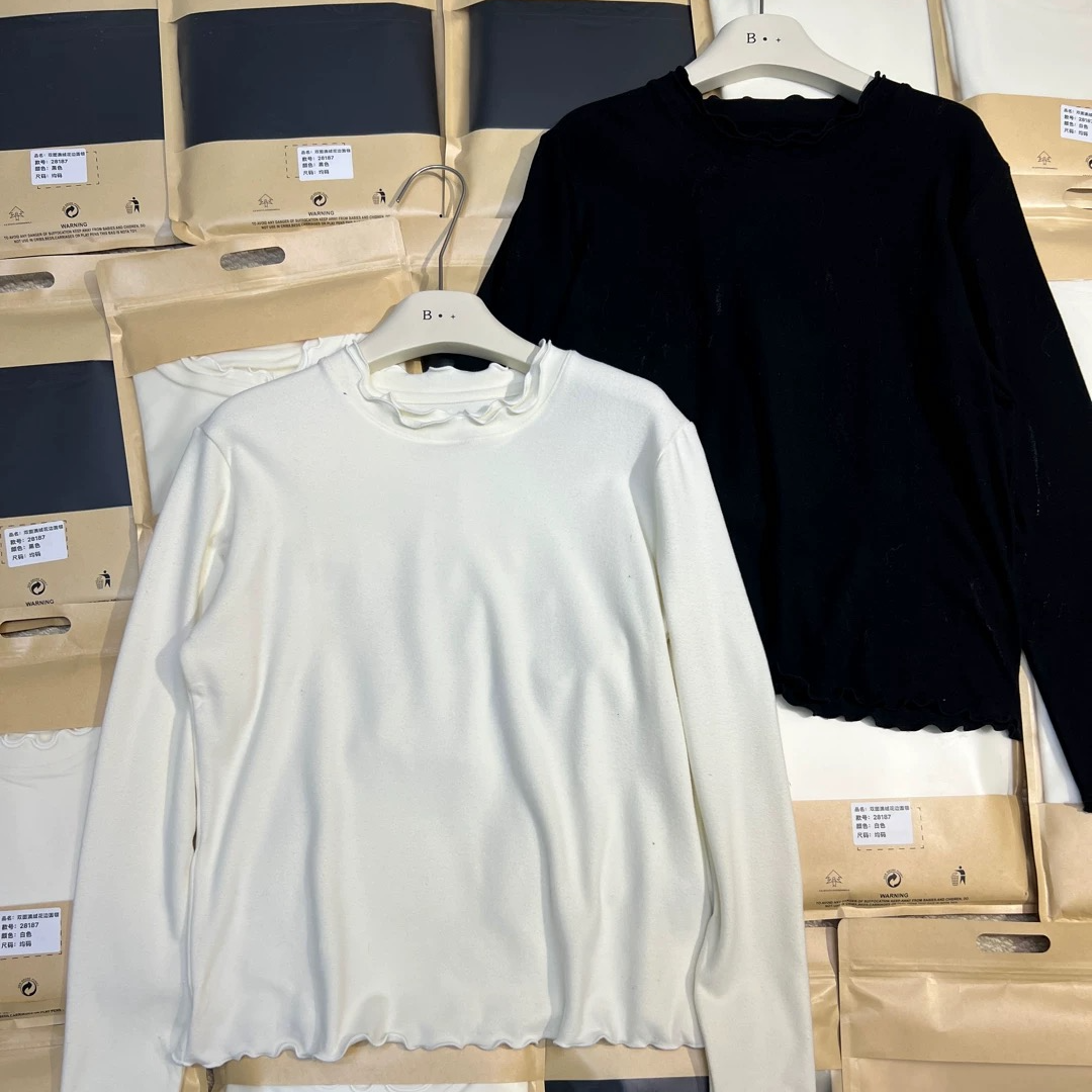 冬季女士时尚白色大版T恤荷叶边休闲百搭木耳边套头法式圆领T恤