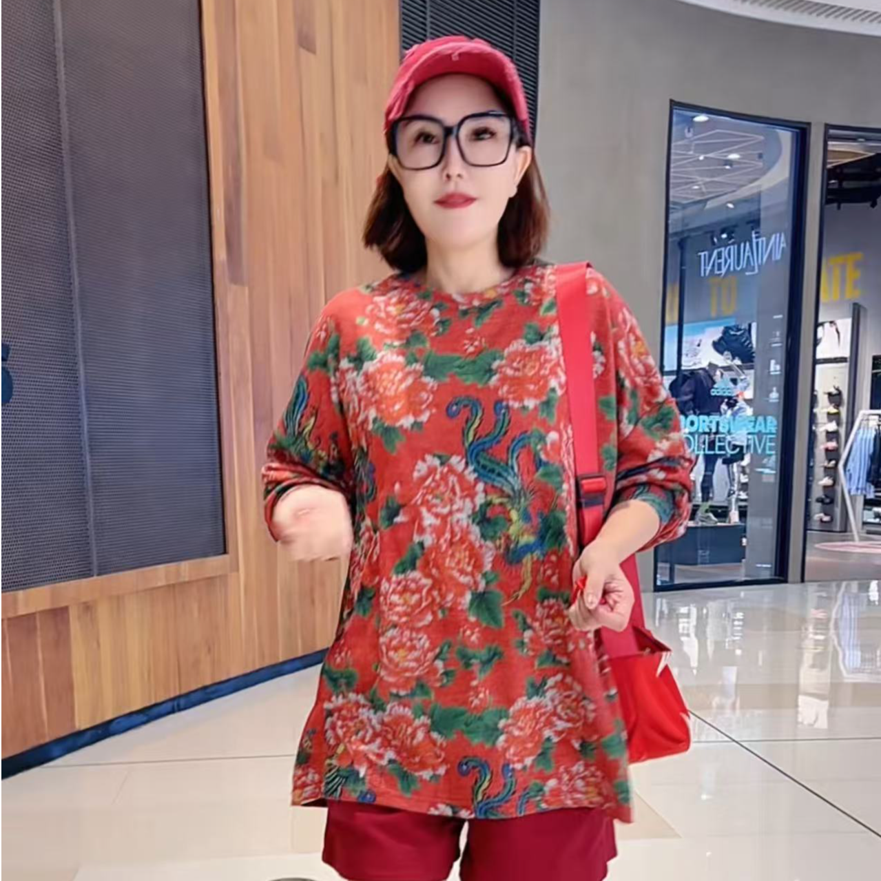 灰底东北大花2025新款洋气印花T恤时尚百搭宽松长袖中长款女上装