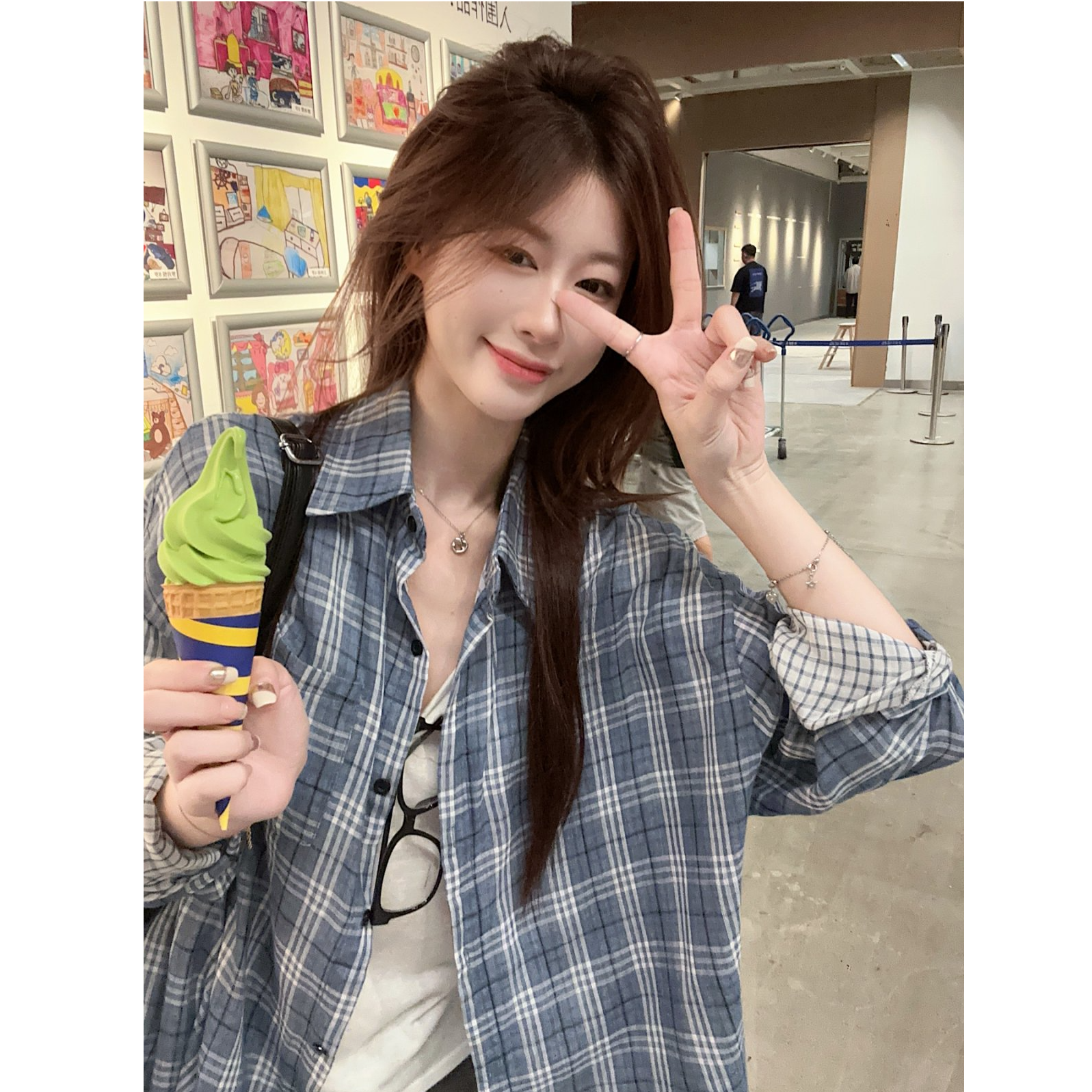 格纹AB双面~长袖衬衫女装秋季2025新款慵懒宽松休闲上衣衬衣外套