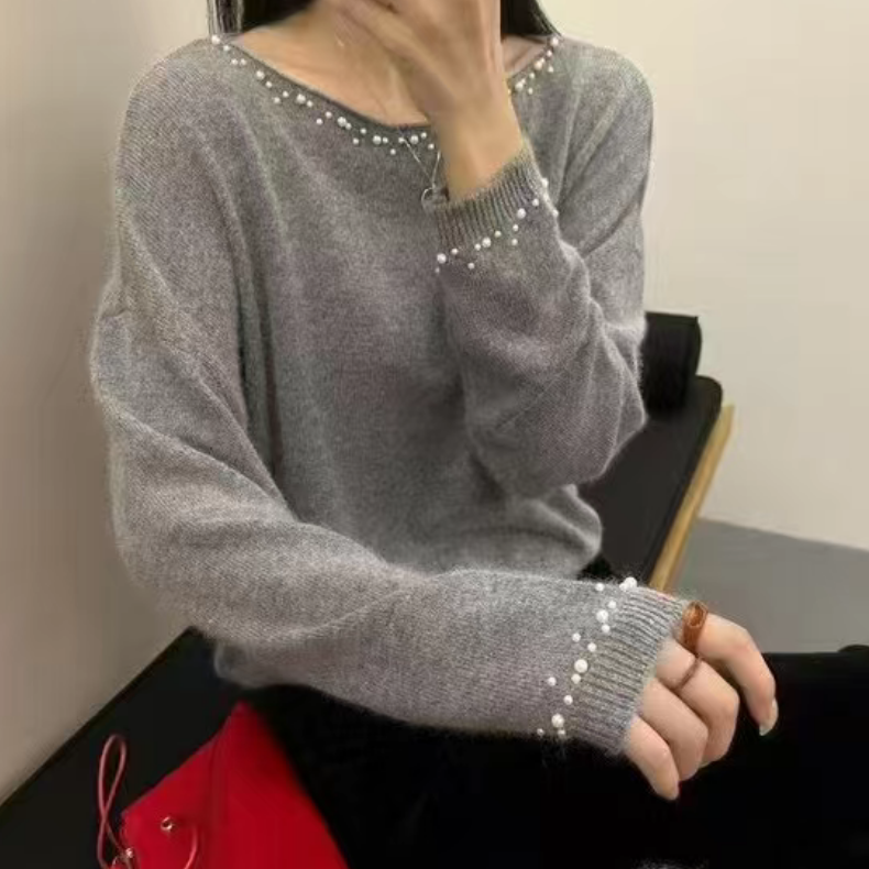 DEZI新款慵懒圆领珠饰时尚显瘦毛衣针织上衣LS0002088