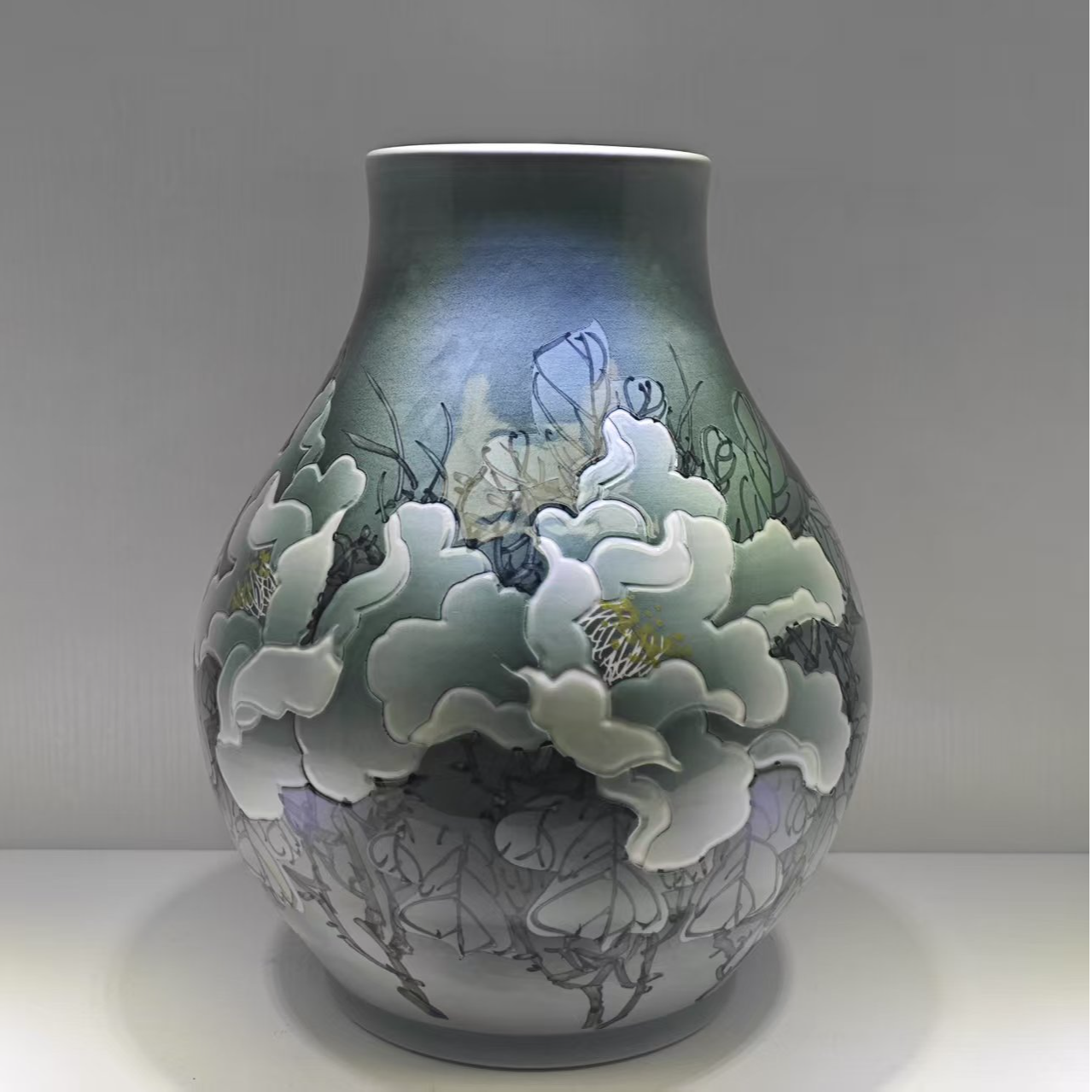 景德镇墨彩花开富贵福筒樽瓶（高32肚23口13）