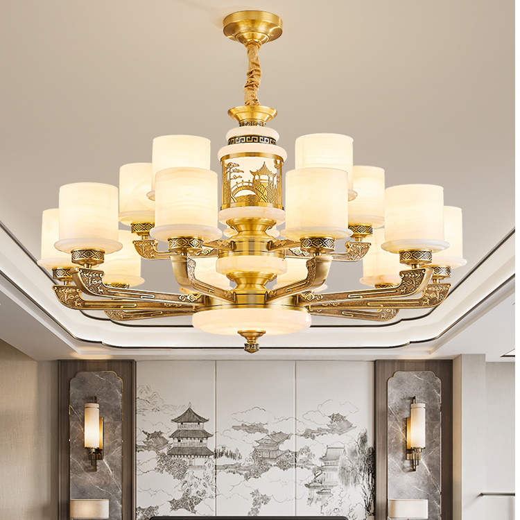 全铜玉石吊灯客厅灯新中式高档大气别墅奢华大厅灯具中国风餐厅灯