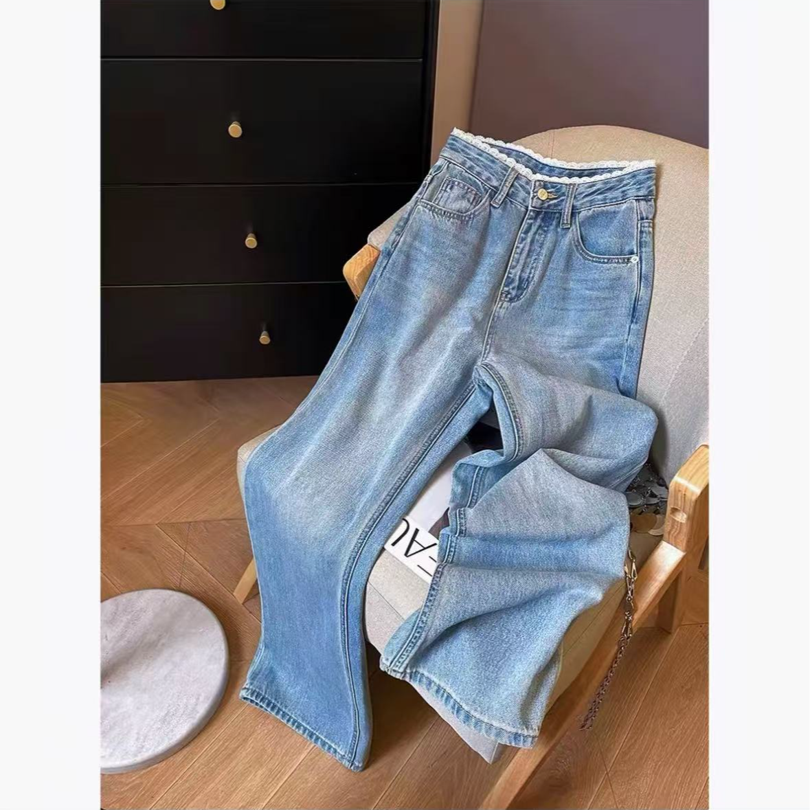 常规夏季女水洗高腰直筒裤牛仔裤中裤蓝色A120