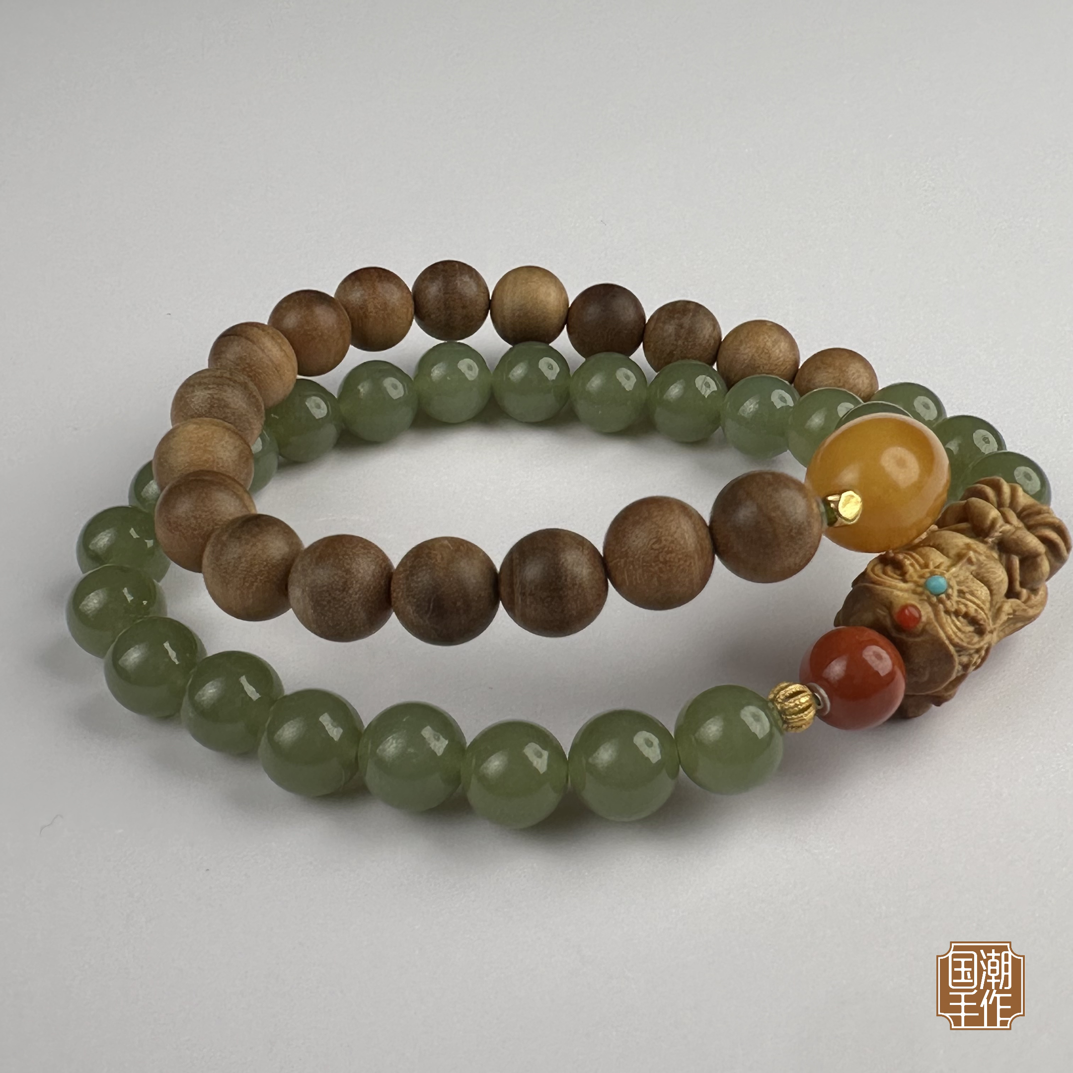 【国潮手作】印度老山檀黑肉0.8和田玉蜜蜡南红多圈手串手【碧上观】