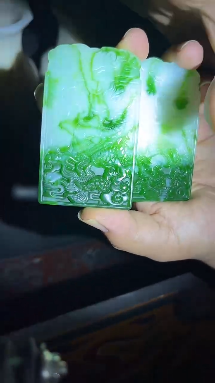 和田玉未镶嵌把件双色龙牌.1件.方.白绿