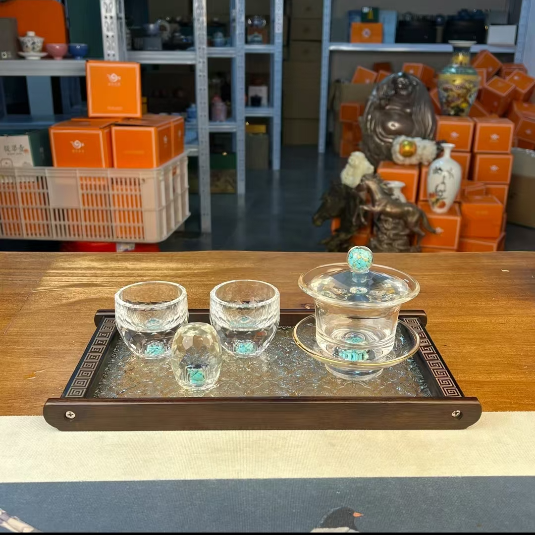 ZH1918绿松石玻璃套装（一盖碗两杯子一个盖置）+海棠玻璃干泡盘