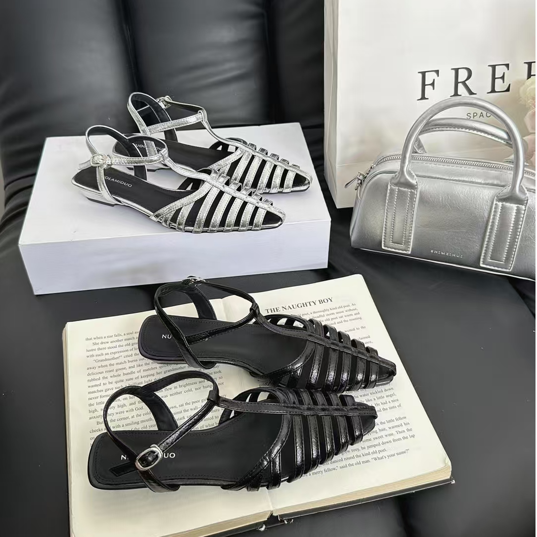 欧洲站女鞋2025夏季新款软皮尖头方跟编织猪笼鞋中跟包头罗马凉鞋