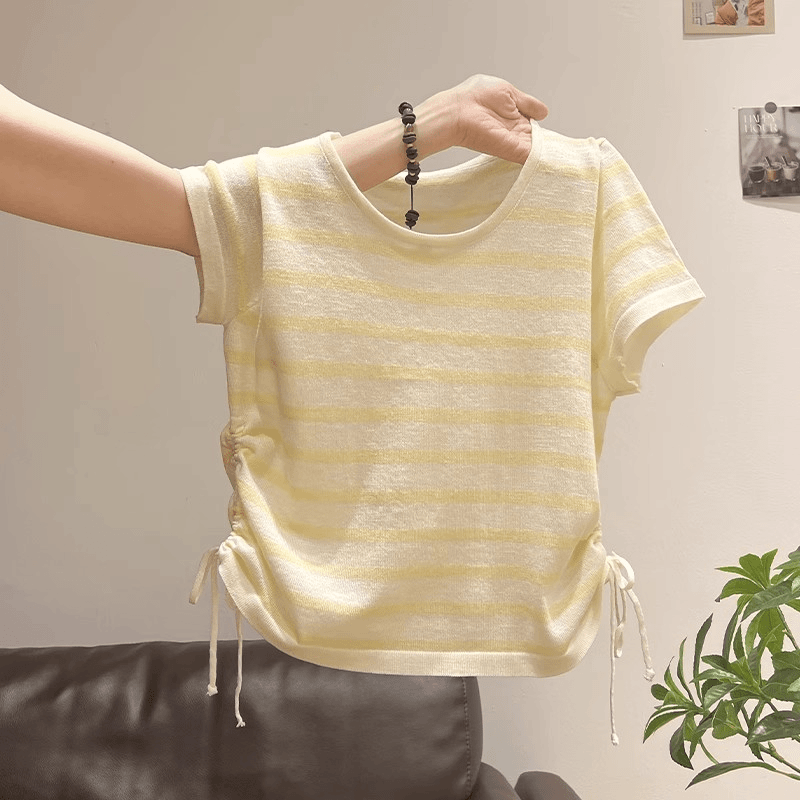 夏季奶黄色条纹抽绳褶皱显瘦t恤洋气衣服女短袖纯欲慵懒风女装潮
