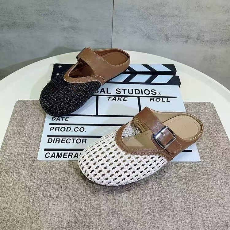 镂空半拖鞋女包头新款小香风平底穆勒鞋透气编织渔网凉拖260-10