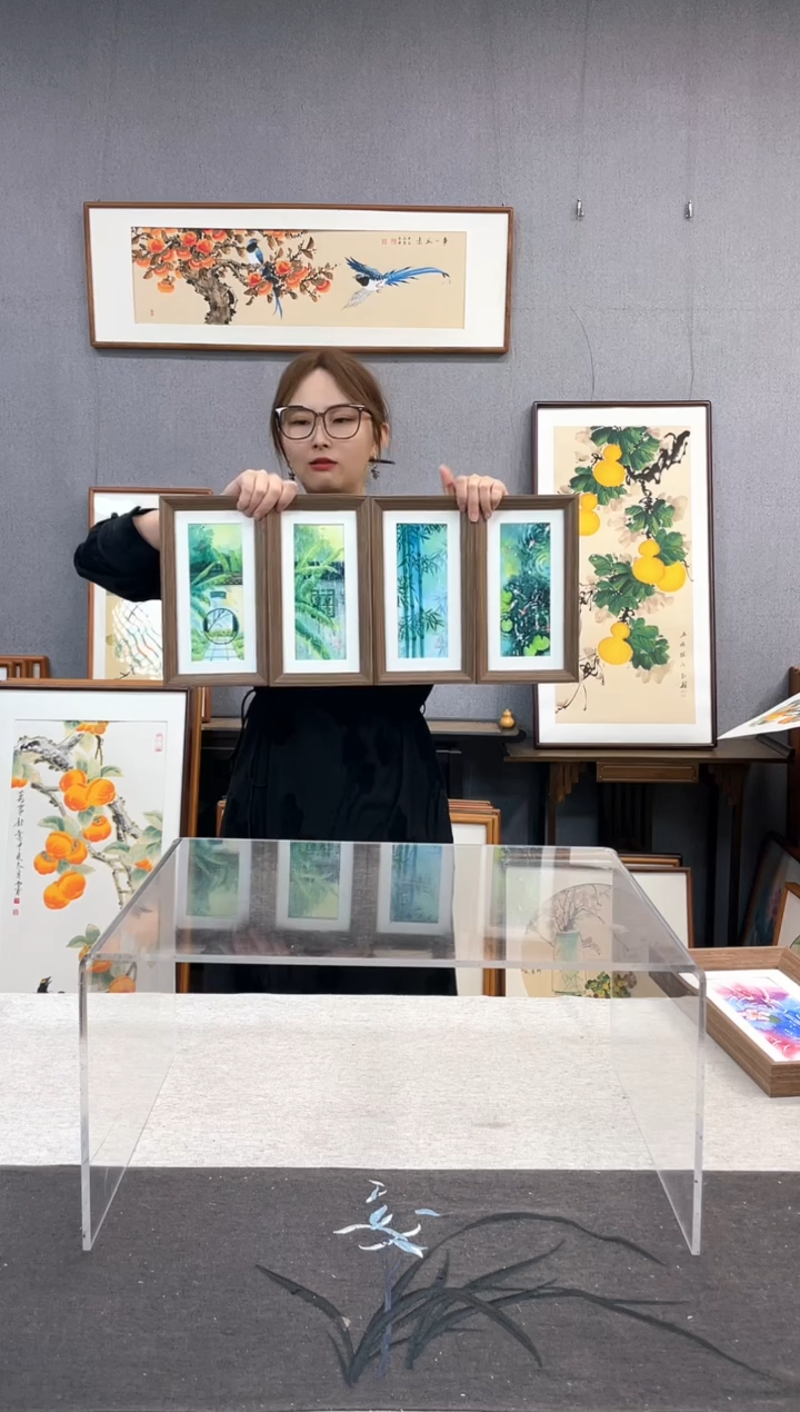 【闪购商品】国画手写手绘带框作品-16*29-四个一套