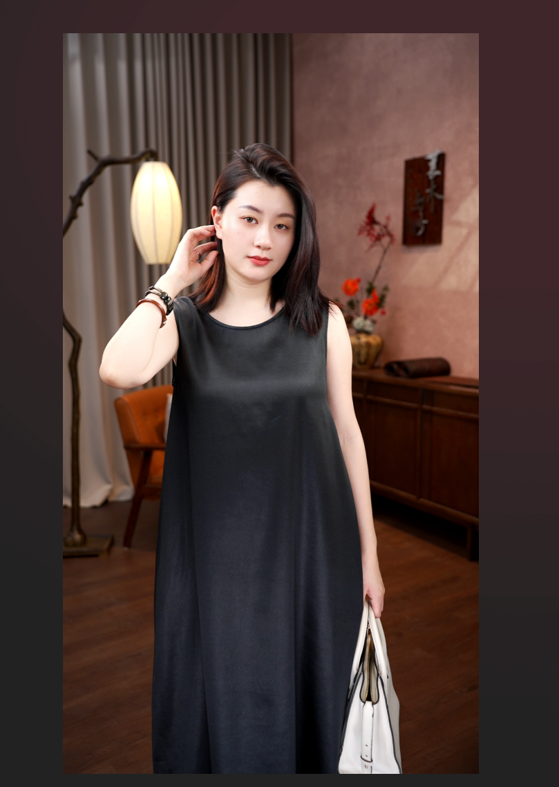 莨木与纱-香云纱弹力缎简约休闲背心裙