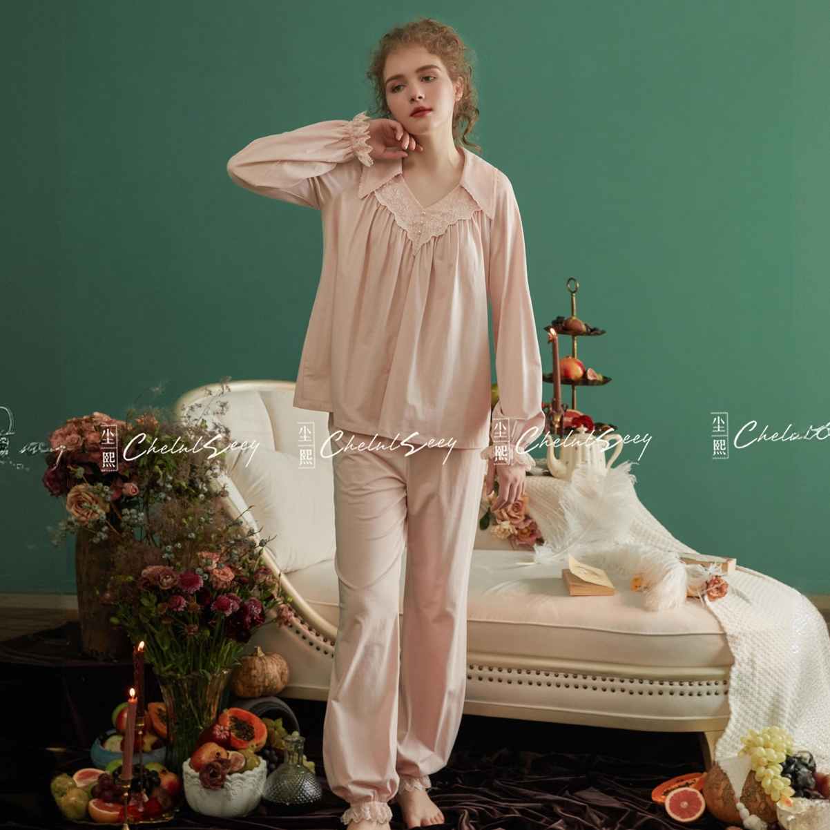 女春秋季公主风有弹性甜美长袖睡衣家居服套装舒适居家0080