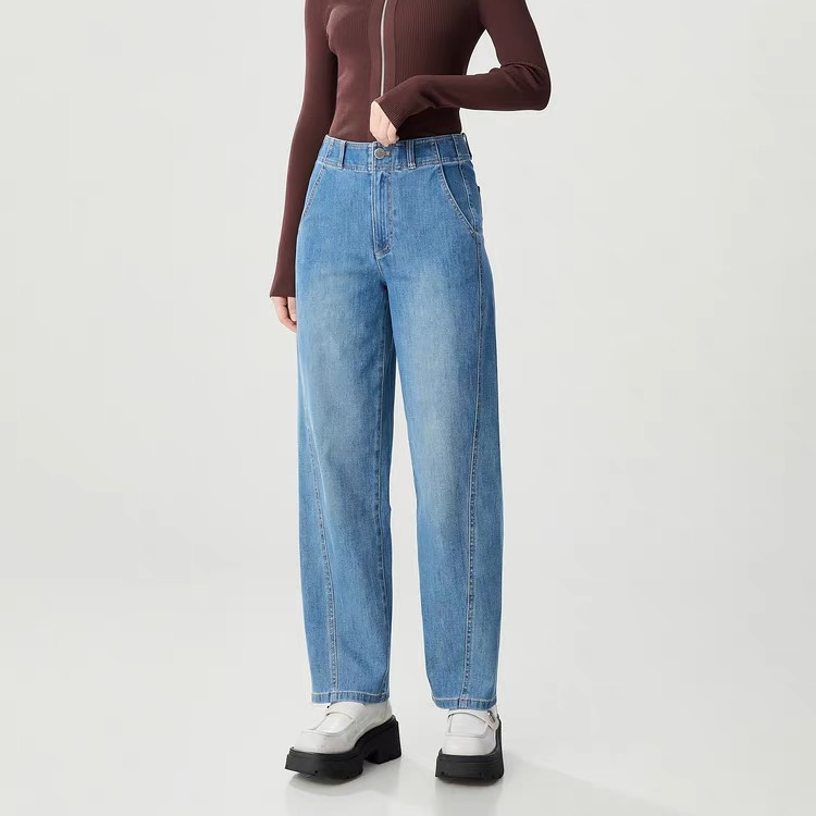 香蕉水洗牛仔裤高腰休闲牛仔裤显瘦百搭蓝色直筒裤不掉色1100503