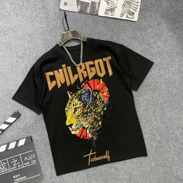 t恤上衣时尚休闲夏季半袖潮流印花男士烫钻黑色宽松个性设计师