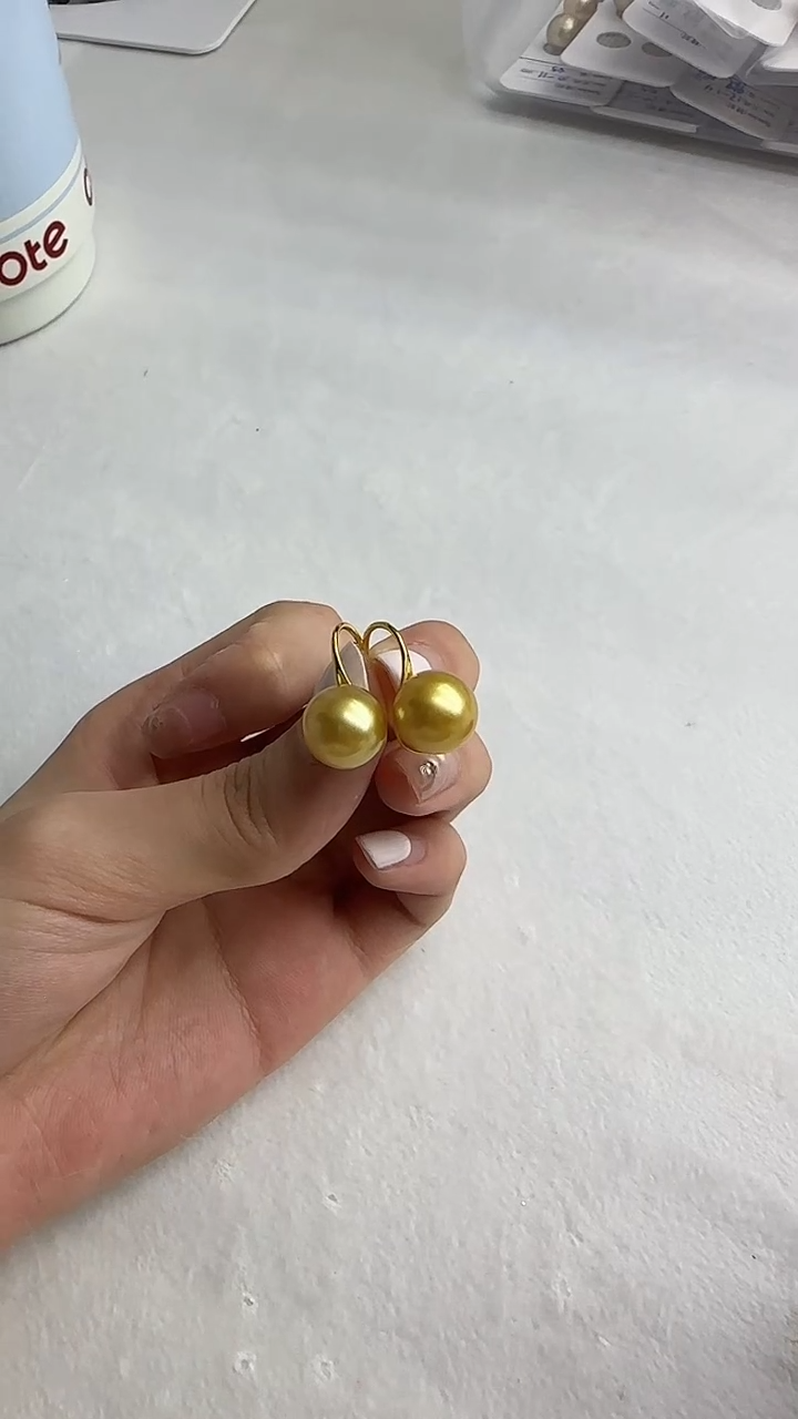 银S925镶嵌耳环海水珍珠12号10-11mm海水南洋金珠珍珠高跟鞋耳钩