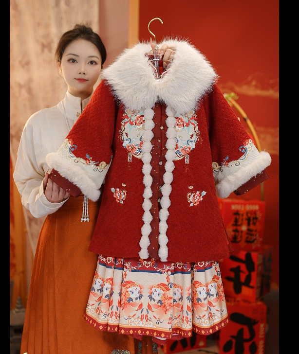 【鸿运】长款外套套装汉服女童明制新中式国风加绒冬季新年服