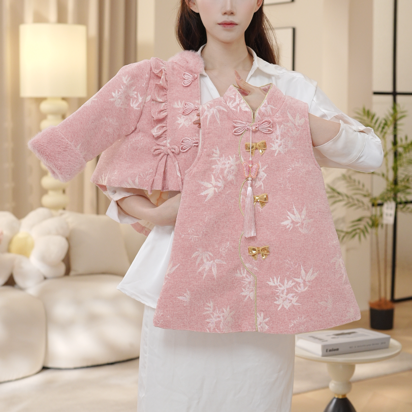 2025冬季女童粉色夹棉加厚国风新中式上衣外套背心裙套装30911