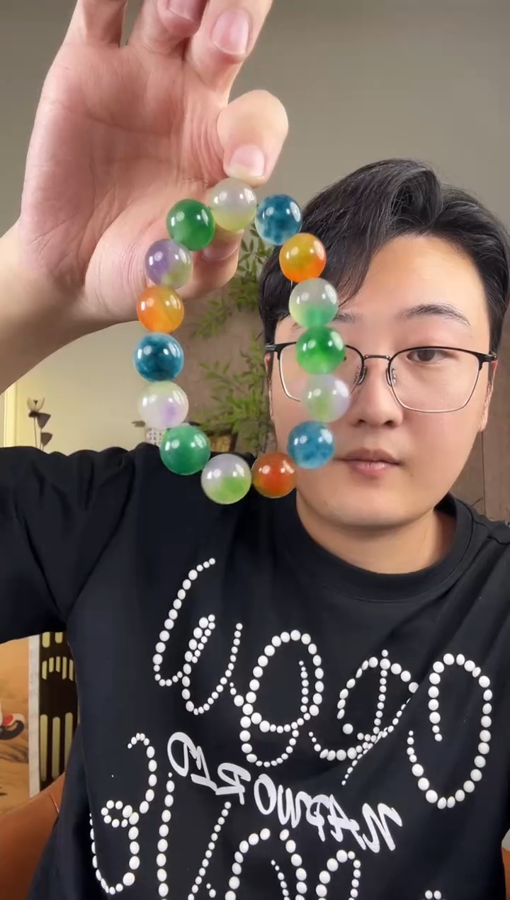 未镶嵌手链翡翠春彩14mm单圈手串