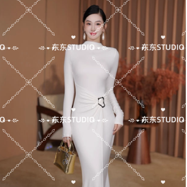 东东定制【瘦瘦裙】25年冬季新品打褶金属别针收腰高领收腰连衣裙