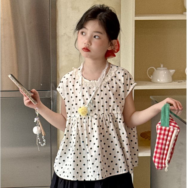 【童伢~波点花边设计上衣+黑色拼接裤】100-160尺码