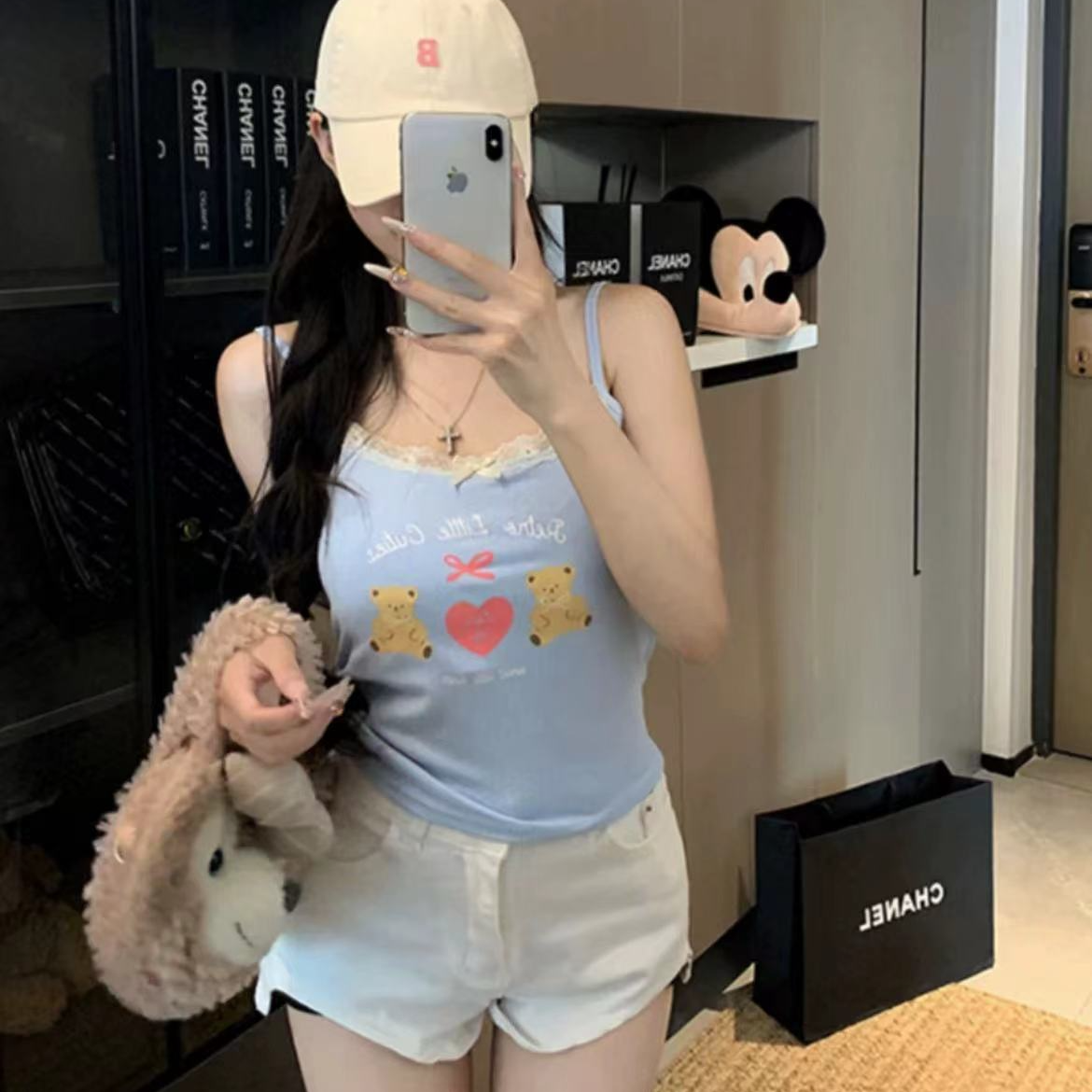 [胖鹅张]可爱小熊波点带垫小吊带上衣#763[实物以直播间展示为准]