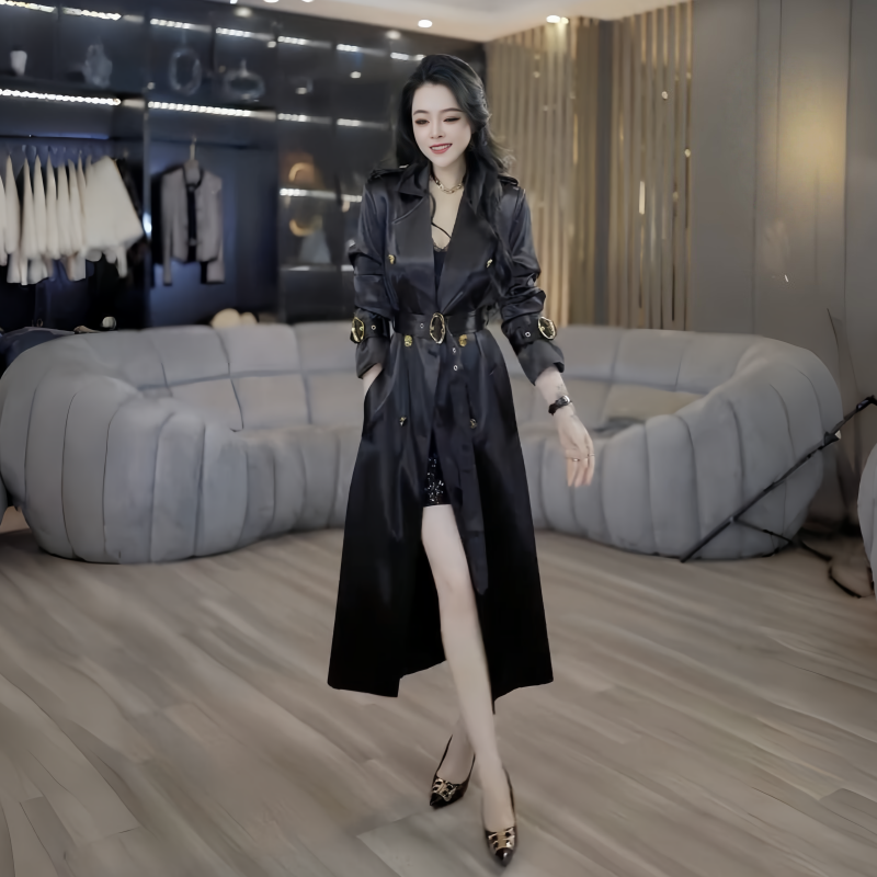 红色缎面风衣外套女修身型气质厚款秋季常规千金风风衣黑色洋气潮