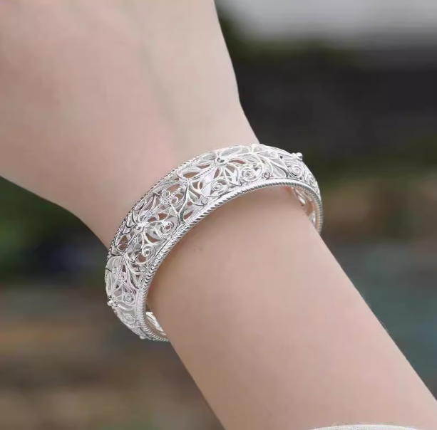 足银手镯 G116镂空宽面花丝手镯女款民族宫廷风掐丝工艺浮雕