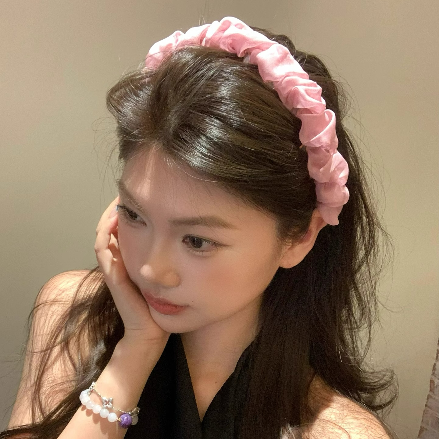 超仙褶皱泡泡网纱带齿发箍女高颅顶气质头箍显脸小发饰甜美发卡