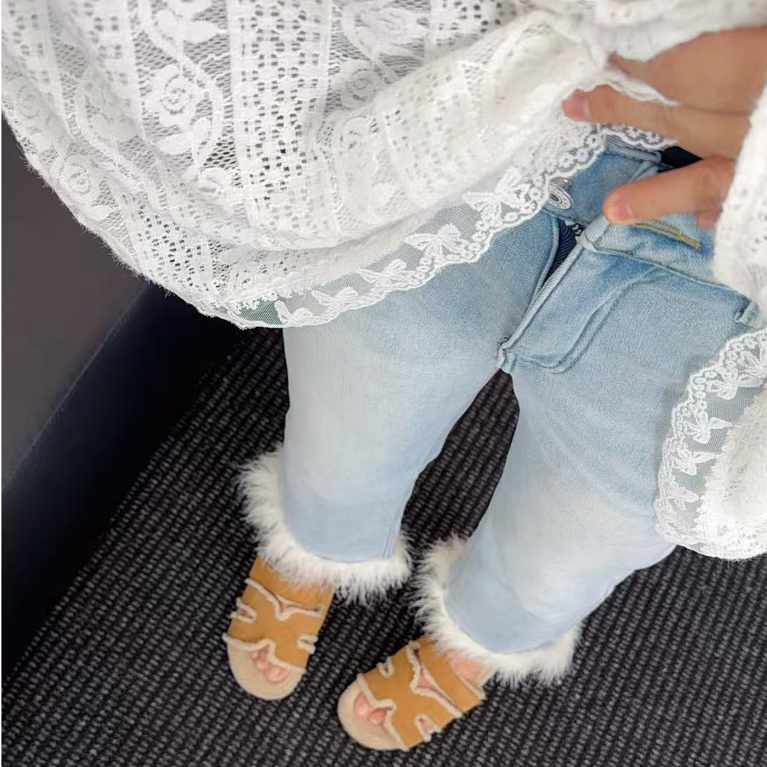 【毛边裤】冬季韩版毛毛边加绒牛仔裤直通高弹牛仔裤微胖大码50030