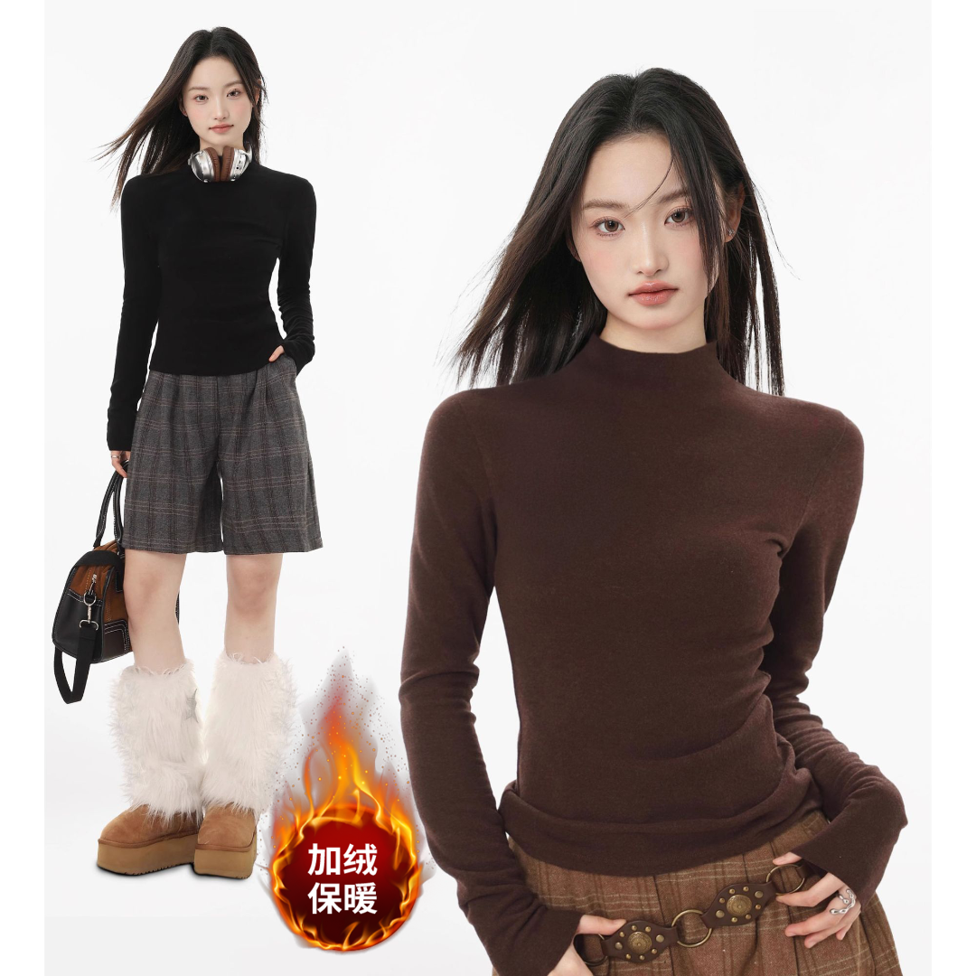 美拉德高级感上衣半高领修身打底衫女秋冬季磨毛内搭保暖长袖T恤 