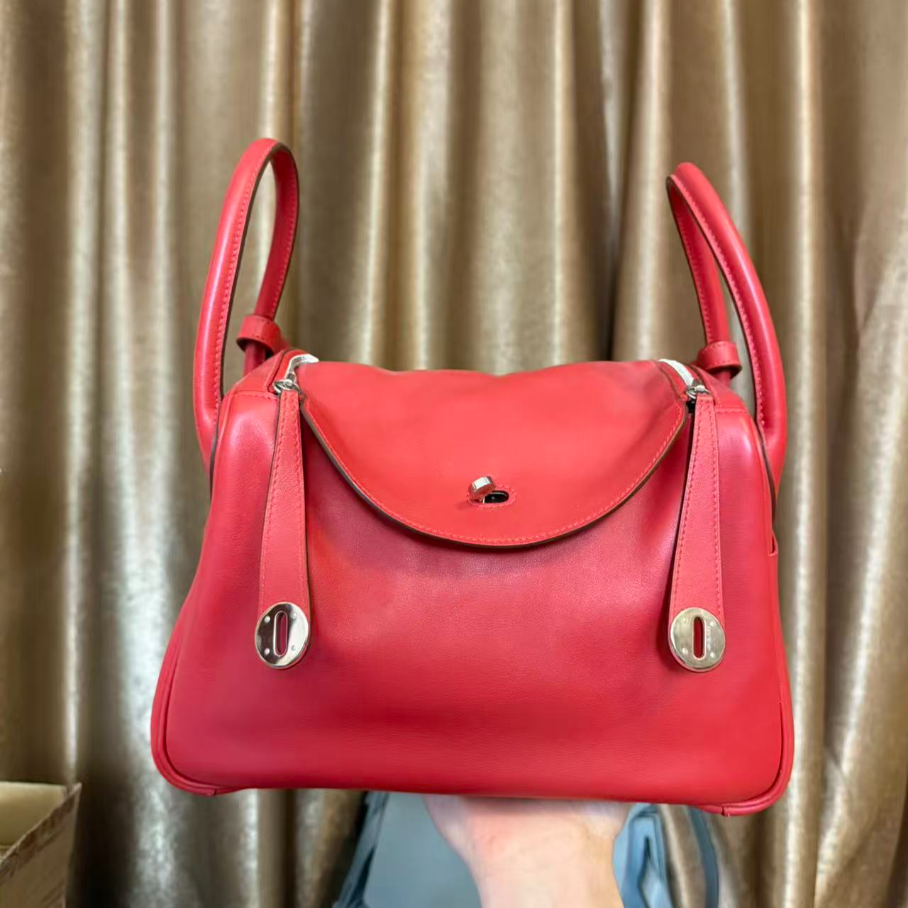 99新 Hermes/爱马仕 lindy30红色银S皮框L单肩包9448023