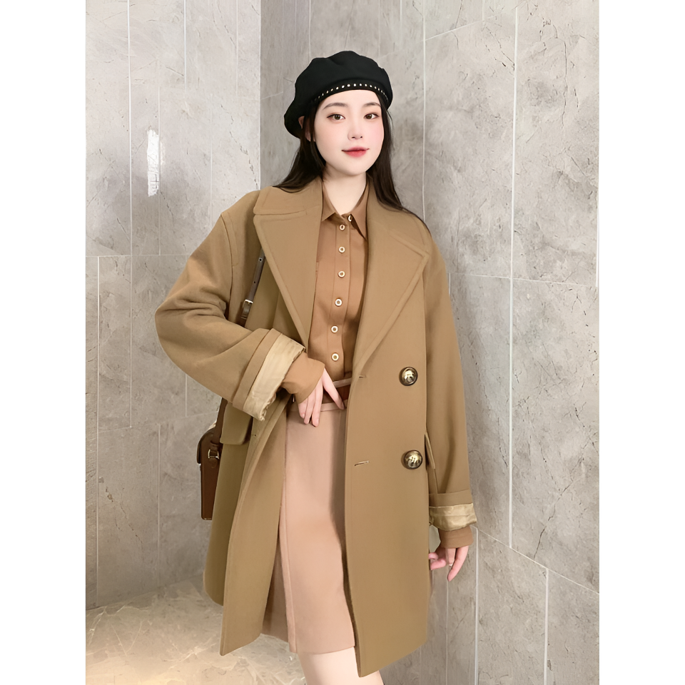 哥弟秋冬新款雅丹风气质双排扣中长款毛呢外套女 1400658