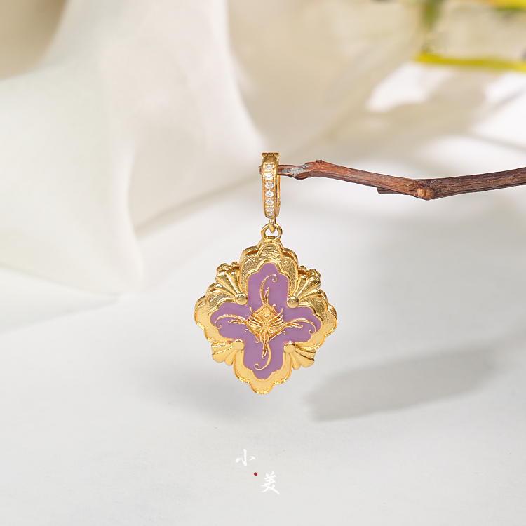 18K金烧蓝布布四叶花吊坠万能扣 G80055